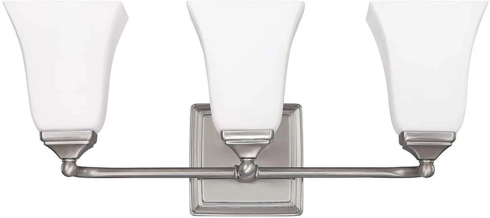 Buy π€© Capital Lighting Vanity 8-1/2 in. 75W 3-Light Vanity Fixture in Brushed Nickel with Soft White Glass Shade β 1 Buy π€© Capital Lighting Vanity 8-1/2 in. 75W 3-Light Vanity Fixture in Brushed Nickel with Soft White Glass Shade β